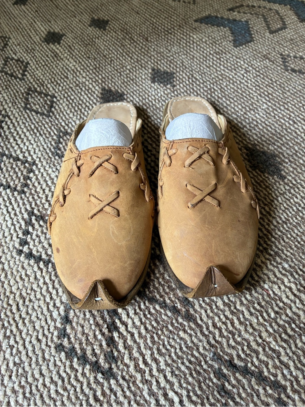 Women’s Tan Leather Slip-On Clogs with Decorative Lacing
